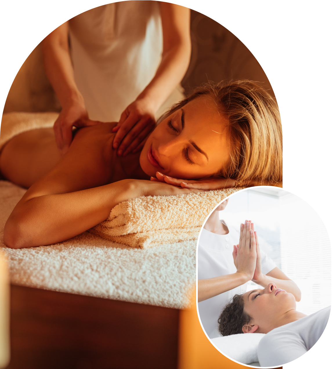 Woman receiving massage and meditating peacefully.