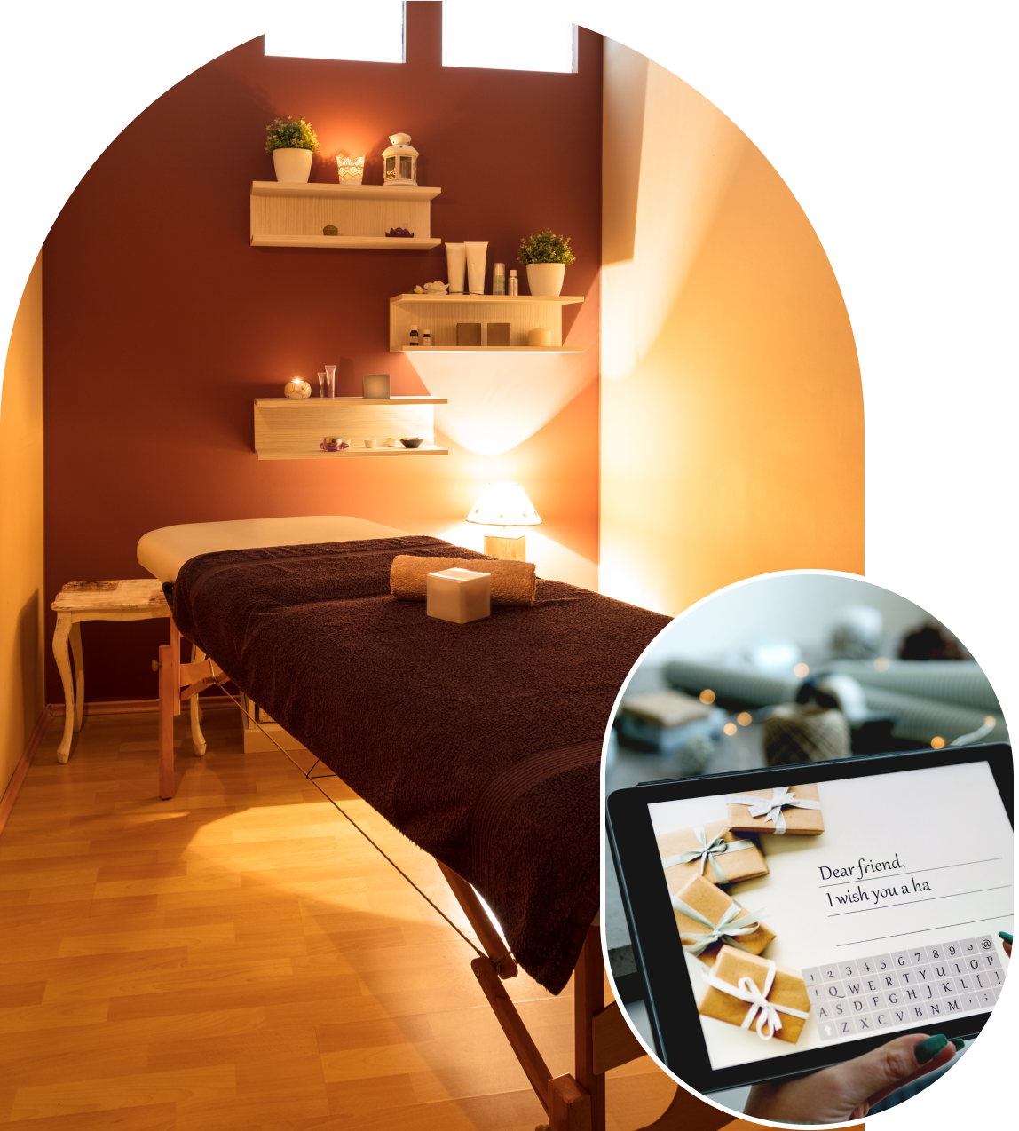 Massage room with tablet showing gift message.