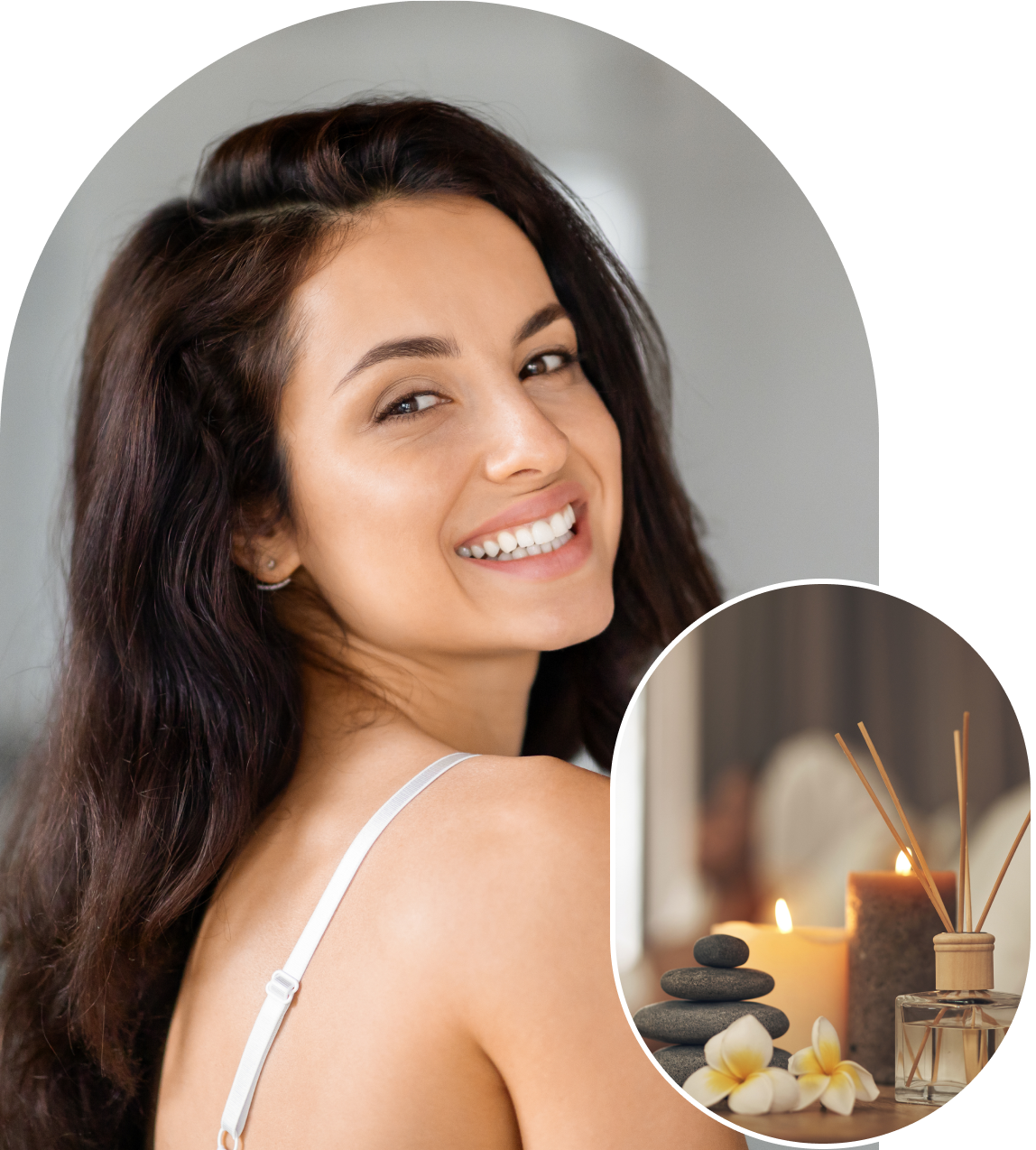 Smiling woman with spa essentials nearby.